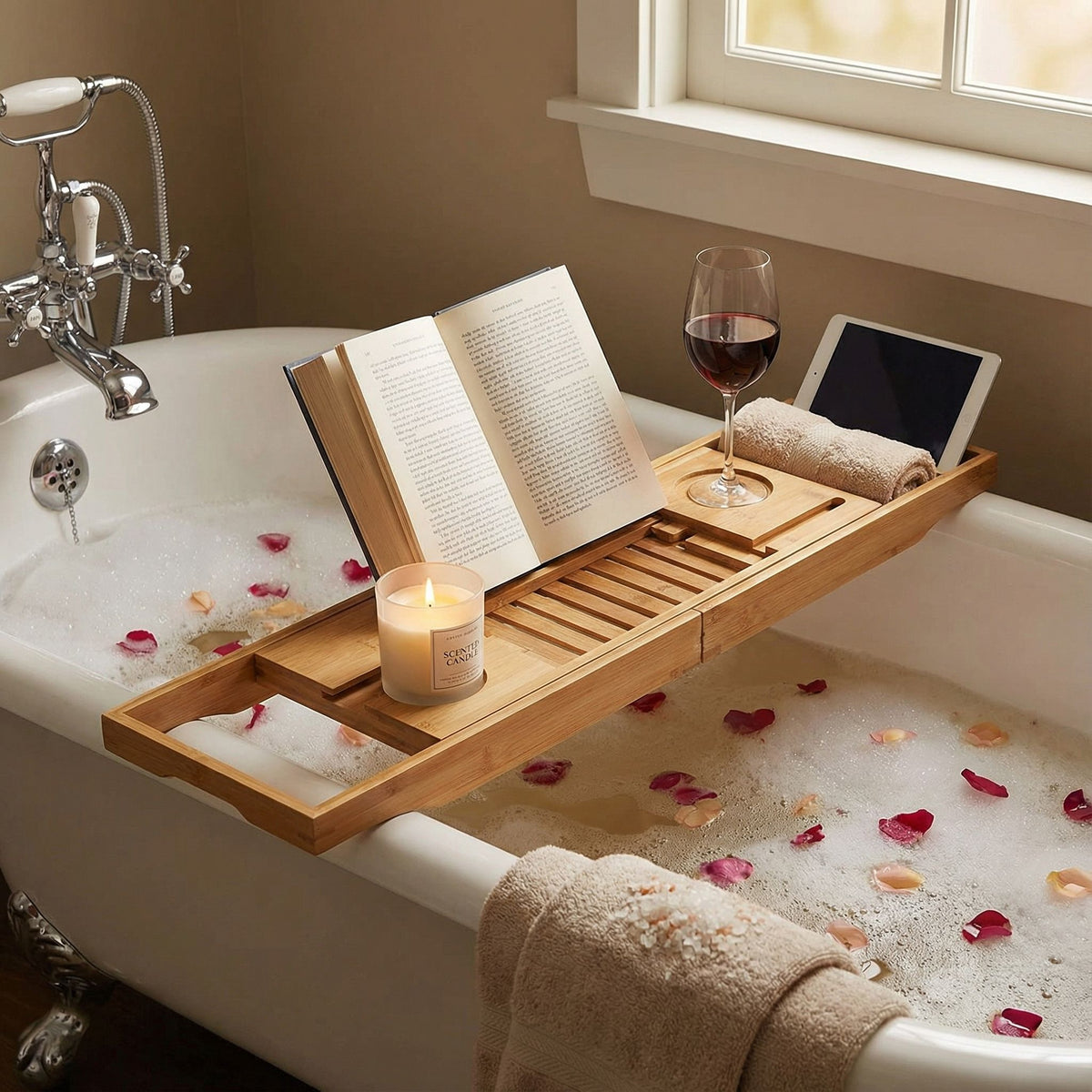 Cortesi Home Evelyn Natural Bamboo Bathtub Caddy With Extending Sides, 27.5" Wide