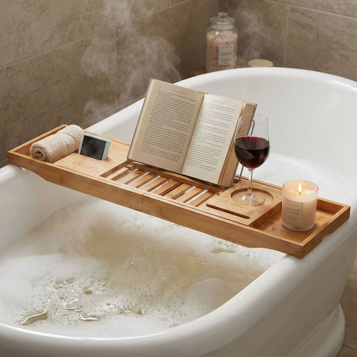Cortesi Home Evelyn Natural Bamboo Bathtub Caddy With Extending Sides, 27.5" Wide