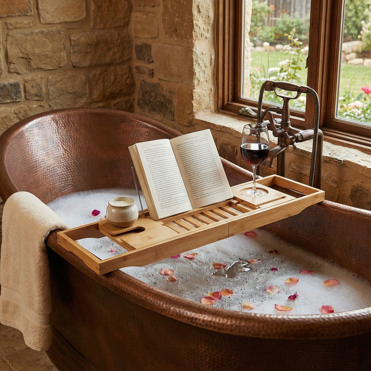 Cortesi Home Evelyn Natural Bamboo Bathtub Caddy With Extending Sides, 27.5" Wide