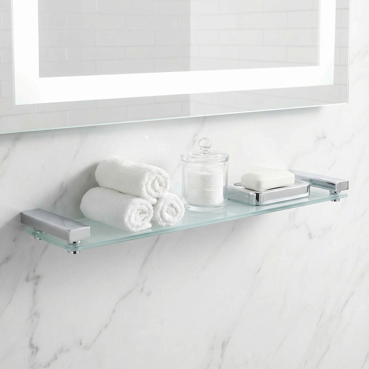Cortesi Home Enzo Contemporary Stainless Steel Frosted Glass Vanity Shelf, Chrome