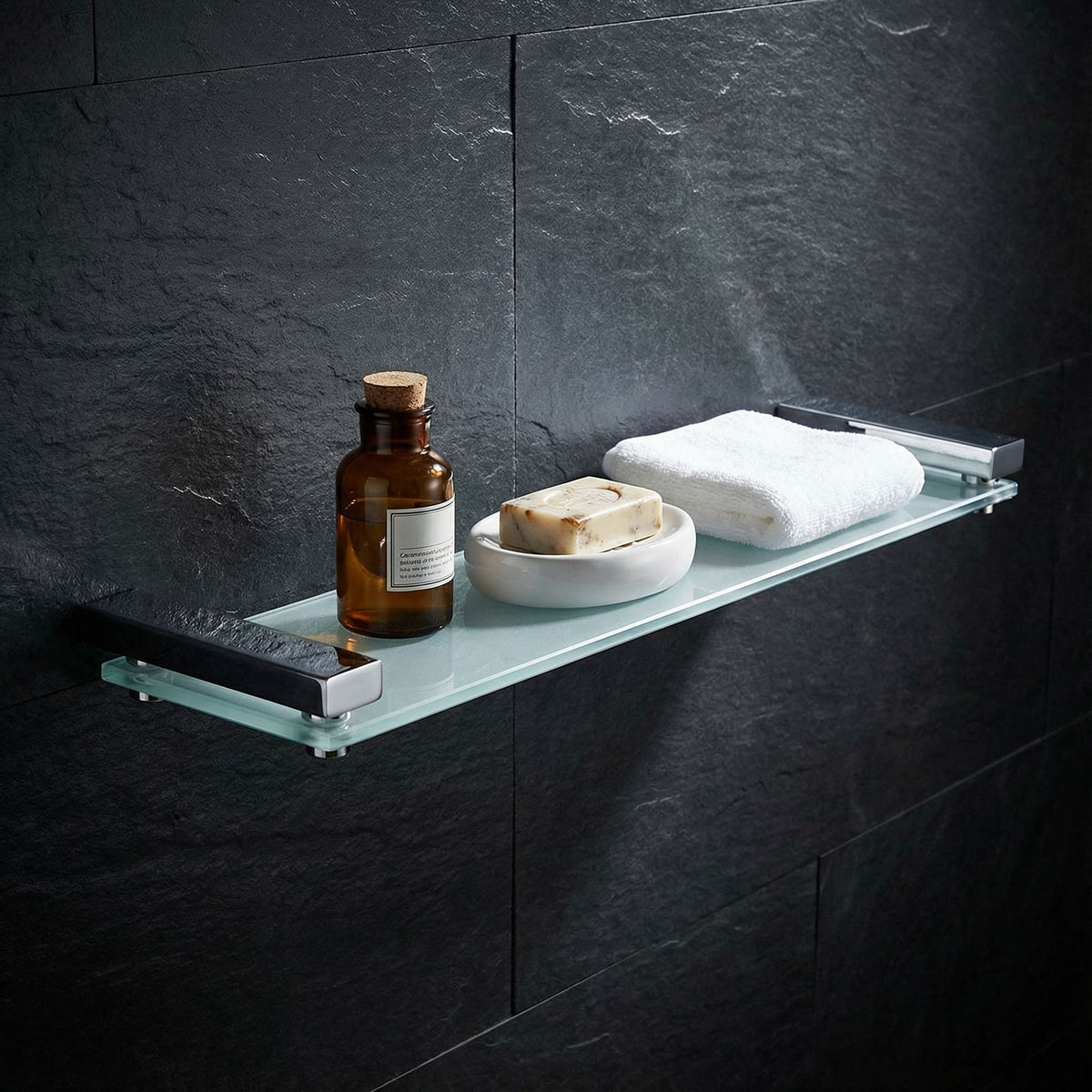 Cortesi Home Enzo Contemporary Stainless Steel Frosted Glass Vanity Shelf, Chrome