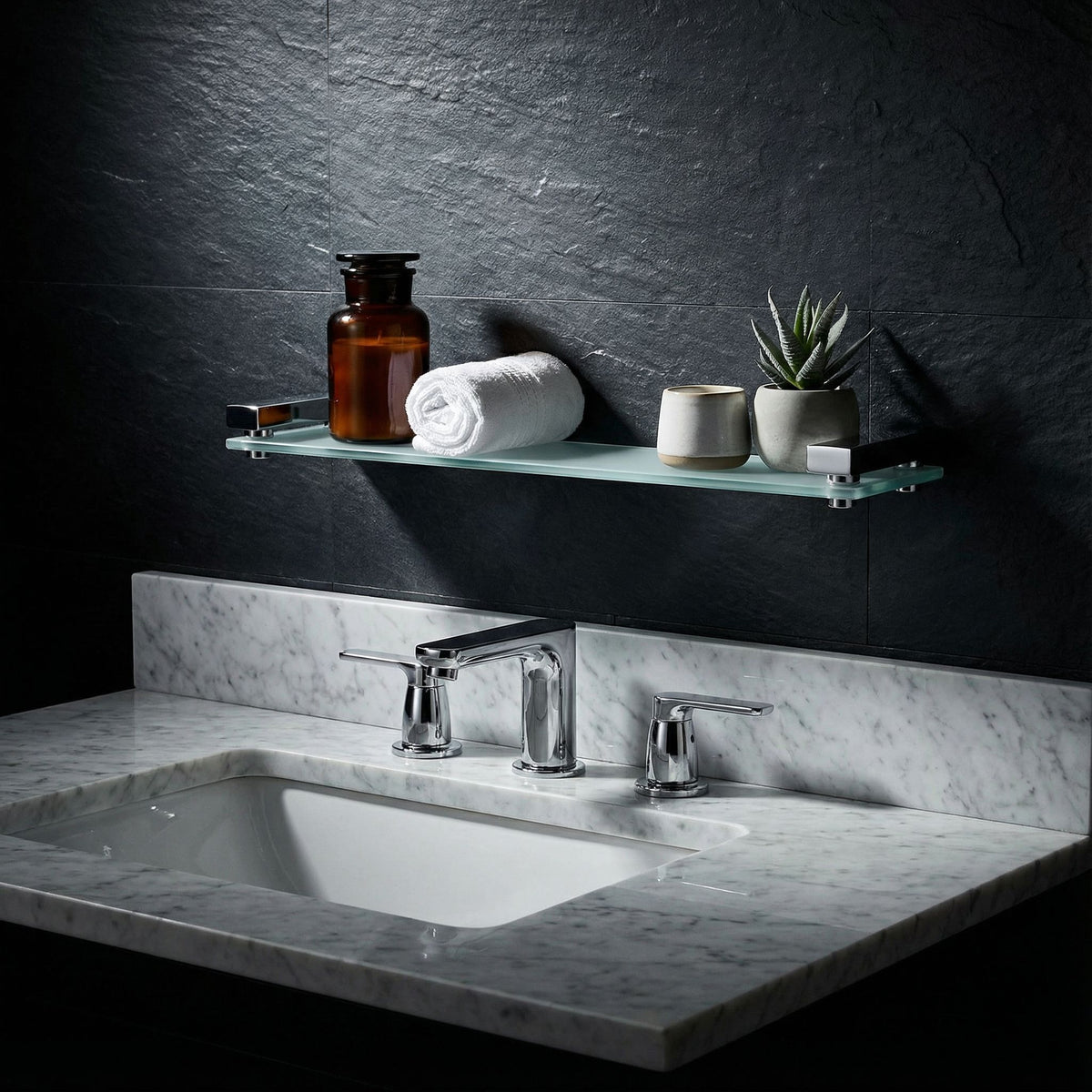 Cortesi Home Enzo Contemporary Stainless Steel Frosted Glass Vanity Shelf, Chrome