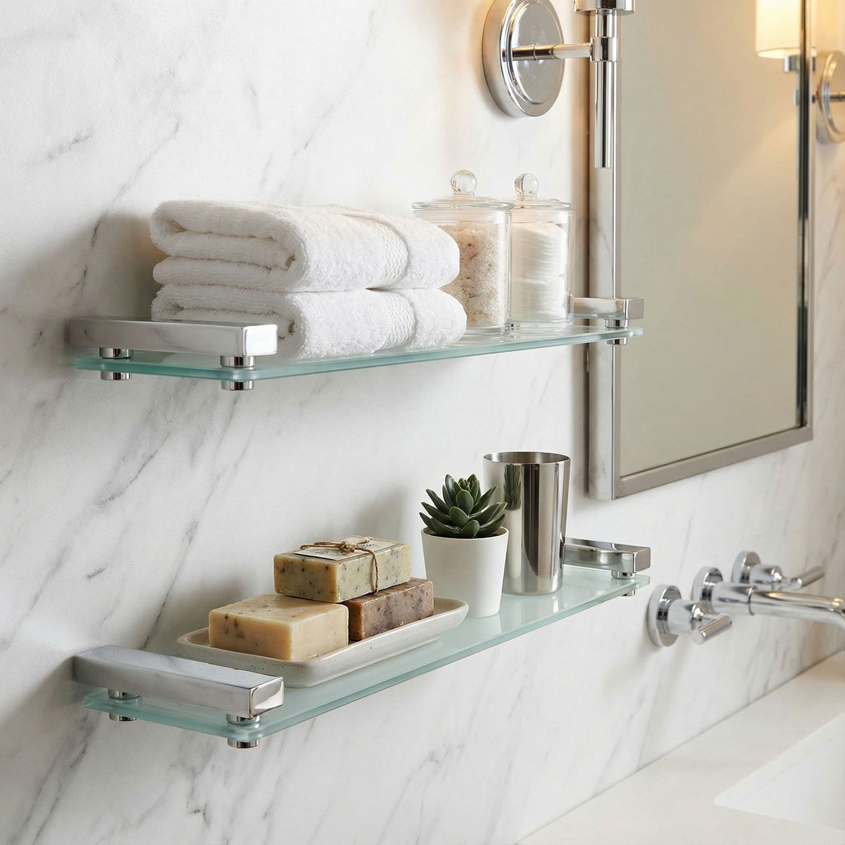 Cortesi Home Enzo Contemporary Stainless Steel Frosted Glass Vanity Shelf, Chrome