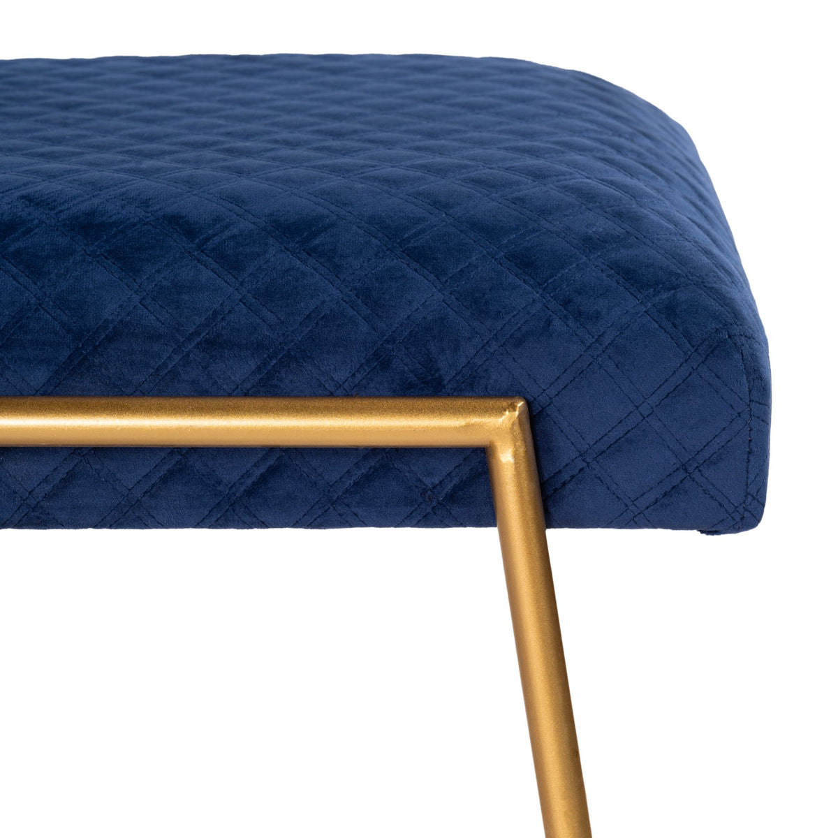 Cortesi Home Neptune Bench Ottoman in Blue Fabric, Painted Gold Metal Base