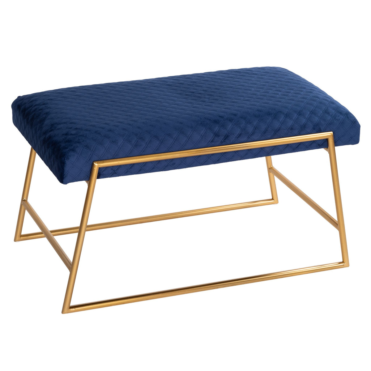 Cortesi Home Neptune Bench Ottoman in Blue Fabric, Painted Gold Metal Base