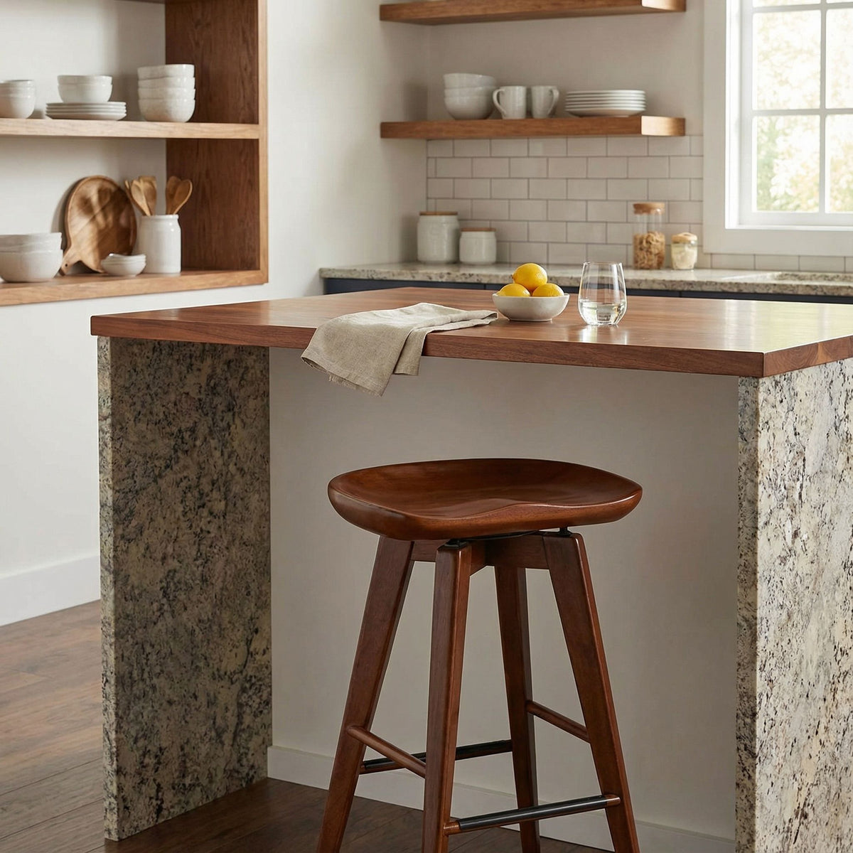 Cortesi Home Tiwi Backless Swivel Barstool in Solid Wood, 29" Walnut