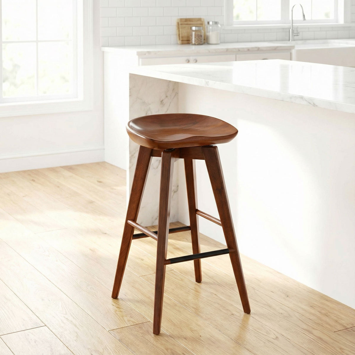 Cortesi Home Tiwi Backless Swivel Barstool in Solid Wood, 29" Walnut