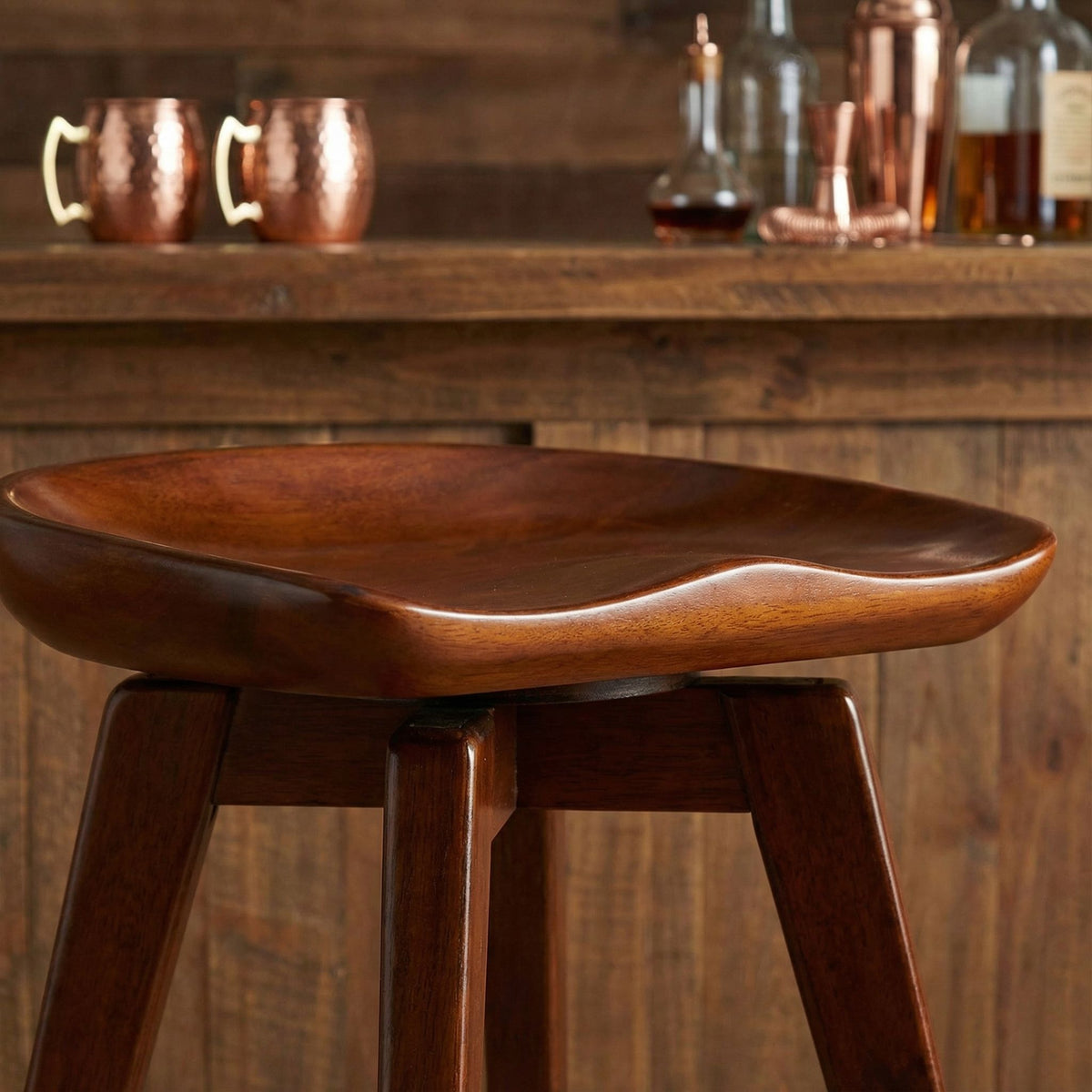 Cortesi Home Tiwi Backless Swivel Barstool in Solid Wood, 29" Walnut