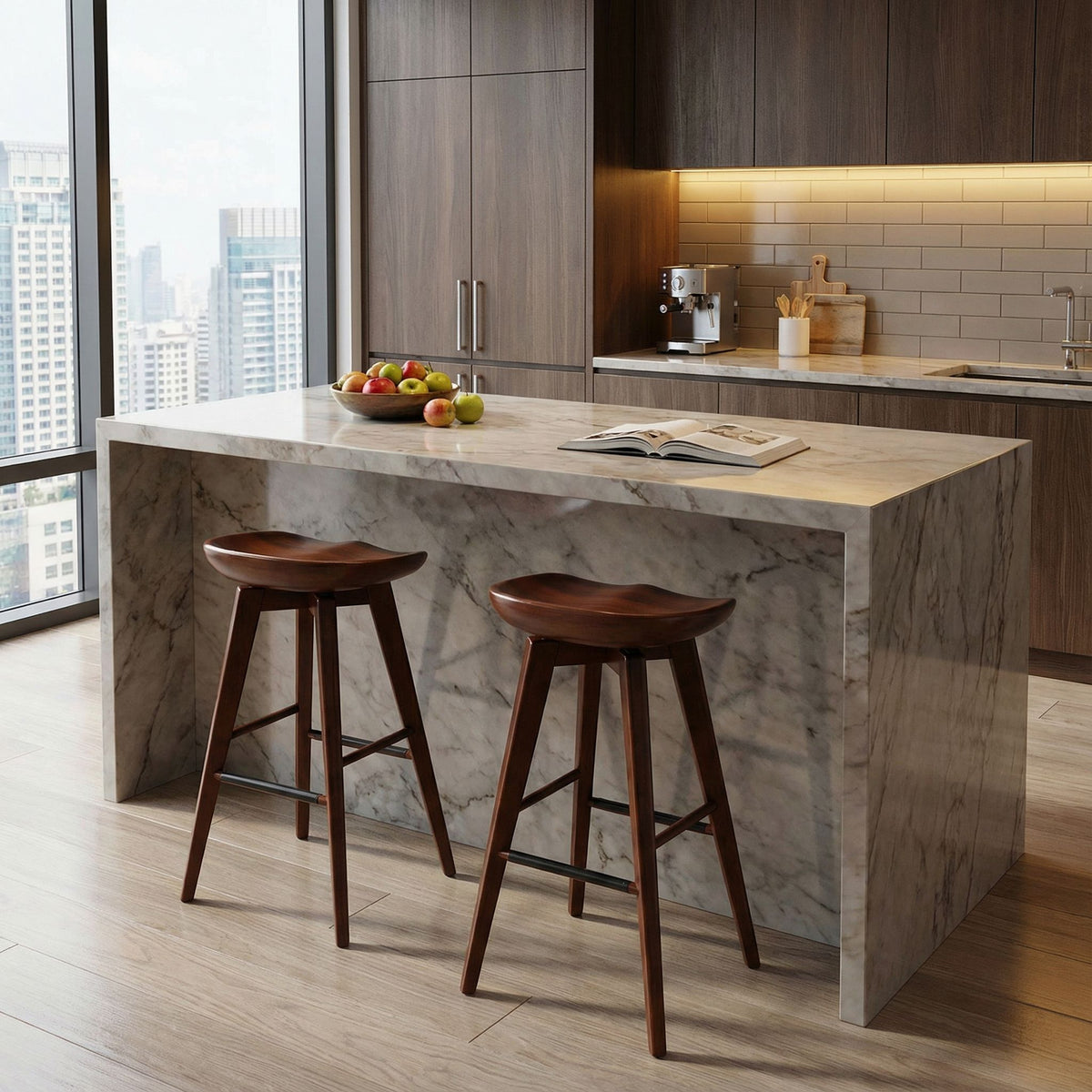 Cortesi Home Tiwi Backless Swivel Barstool in Solid Wood, 29" Walnut