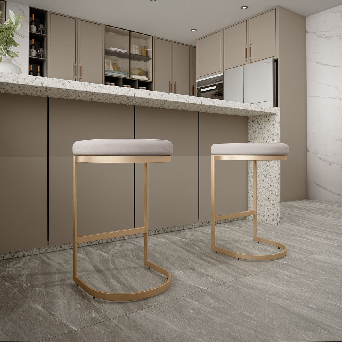 Cortesi Home Elon Halfmoon Counter Stool in Brushed Gold Stainless Steel, Soft Ivory Fabric