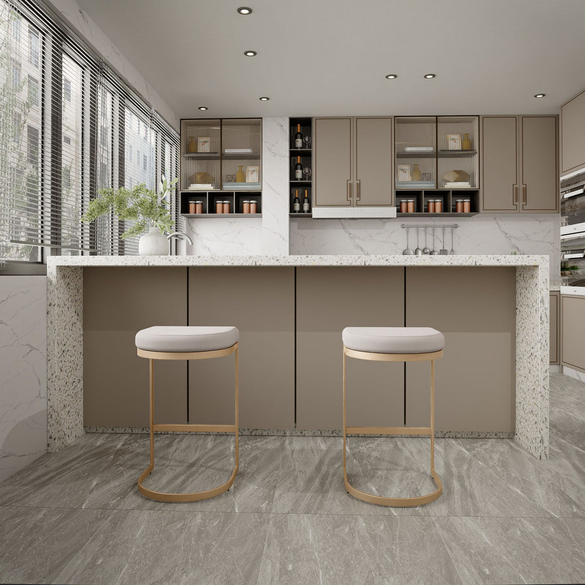 Cortesi Home Elon Halfmoon Counter Stool in Brushed Gold Stainless Steel, Soft Ivory Fabric