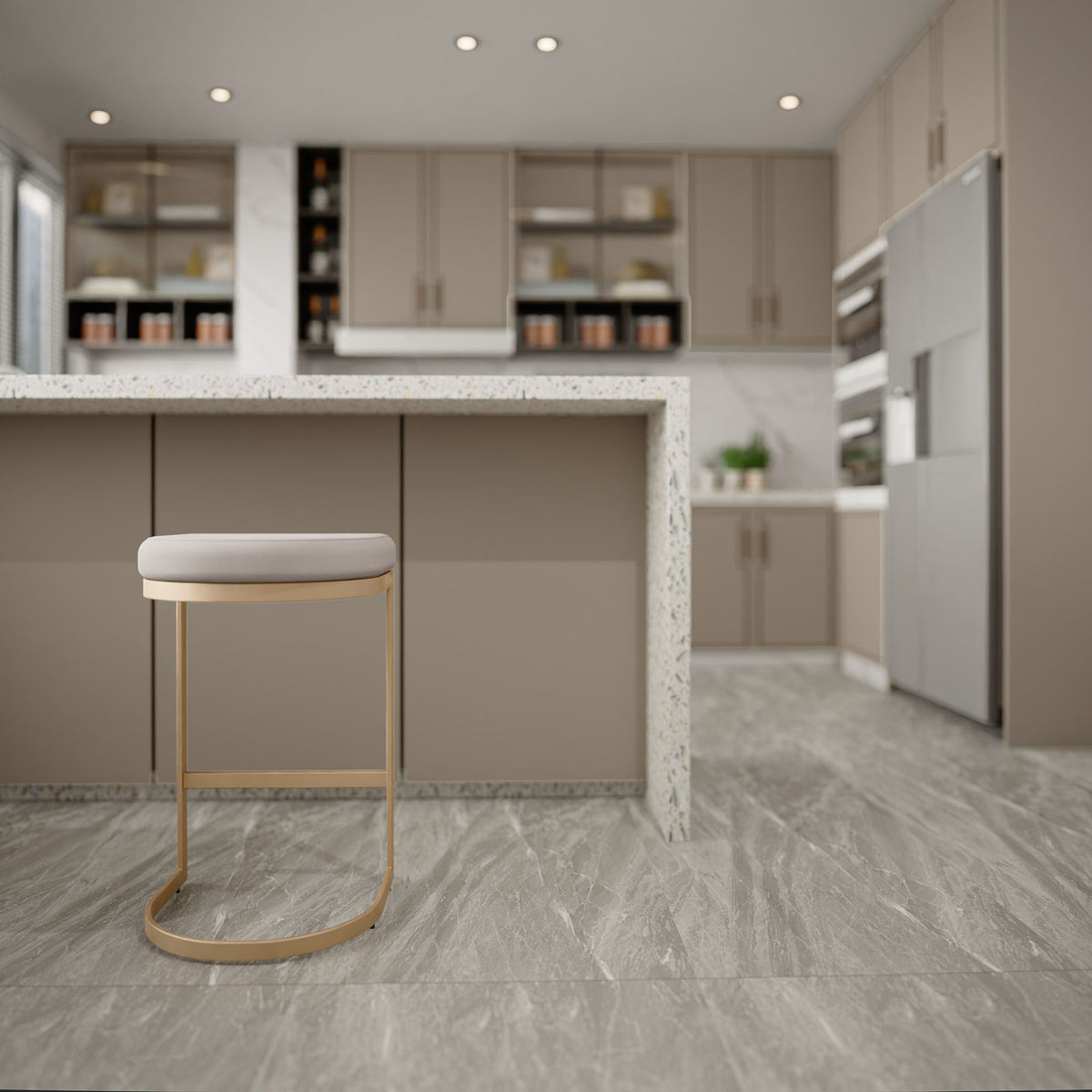 Cortesi Home Elon Halfmoon Counter Stool in Brushed Gold Stainless Steel, Soft Ivory Fabric