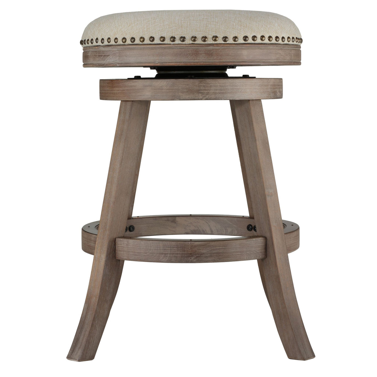 Cortesi Home Sadie Backless Swivel Counter Stool in Solid Wood &amp; Beige Fabric, 25&quot; Seat