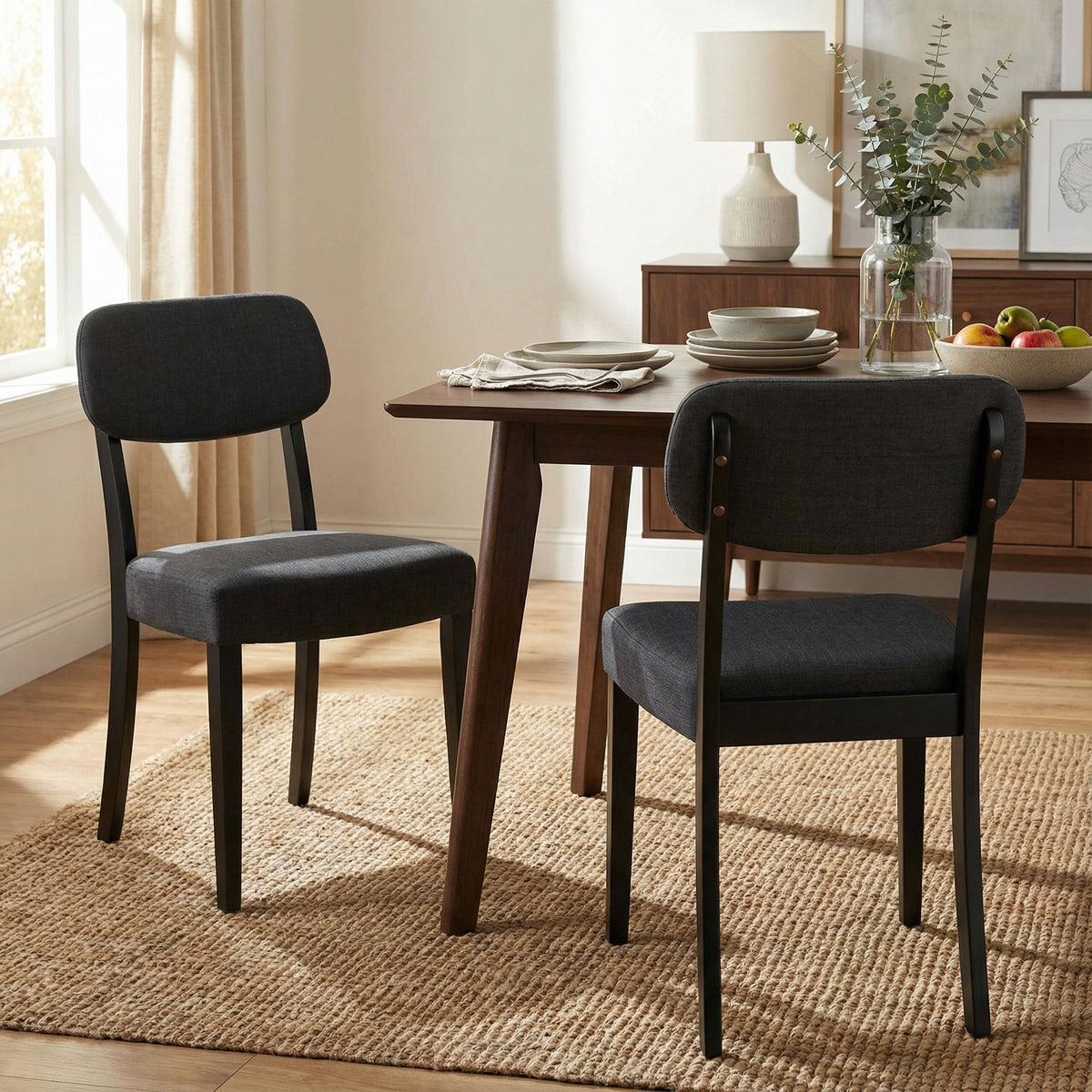 Cortesi Home Dao Dining Chair in Black Finish Wood with Charcoal Grey Fabric (Set of 2)