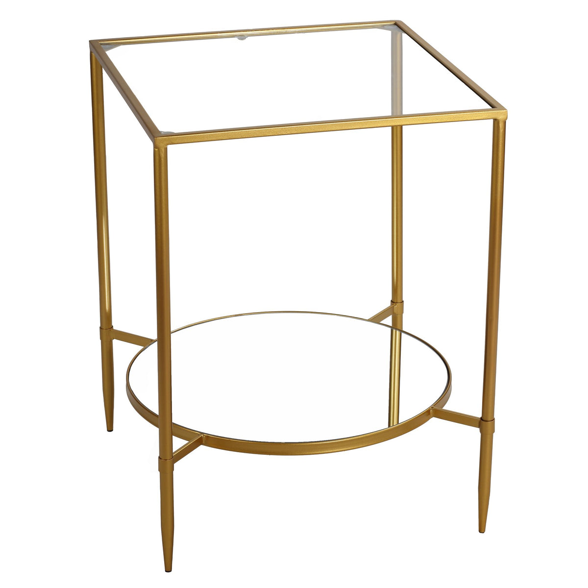 Cortesi Home Johan Square Glass End Table with Mirror Shelf, Gold Metal Frame