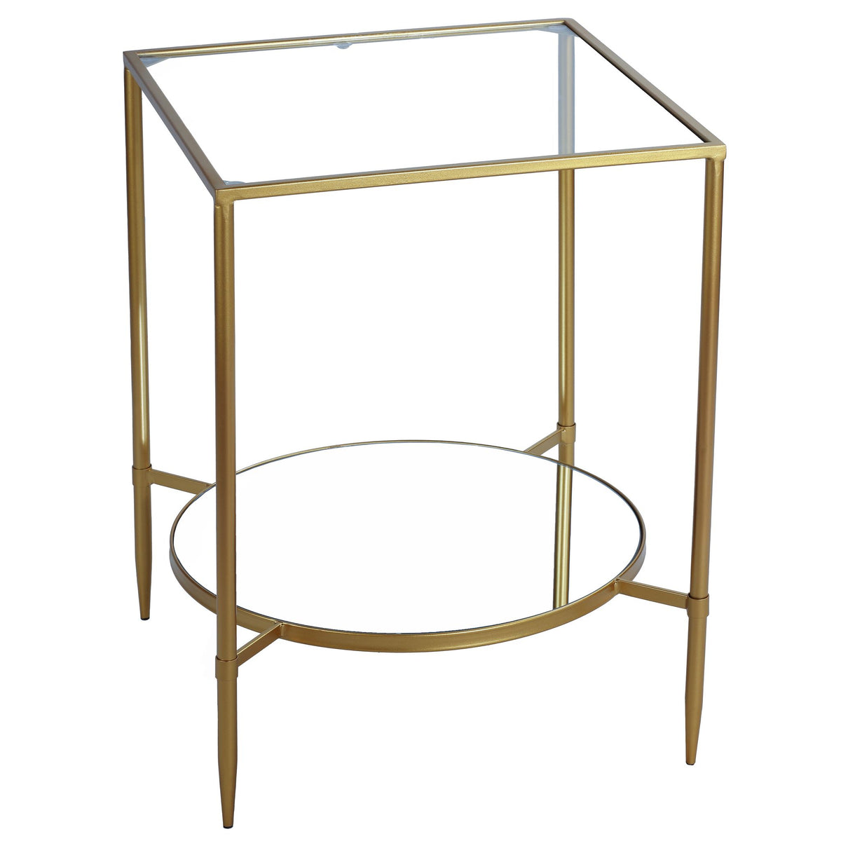 Cortesi Home Johan Square Glass End Table with Mirror Shelf, Gold Metal Frame