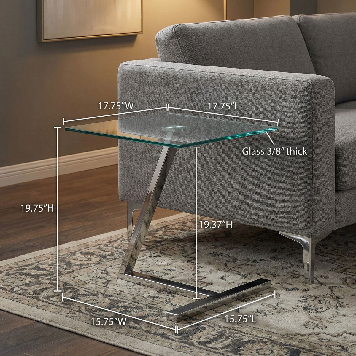Cortesi Home Zee Modern Square Glass End Table, Chrome Stainless Steel Base