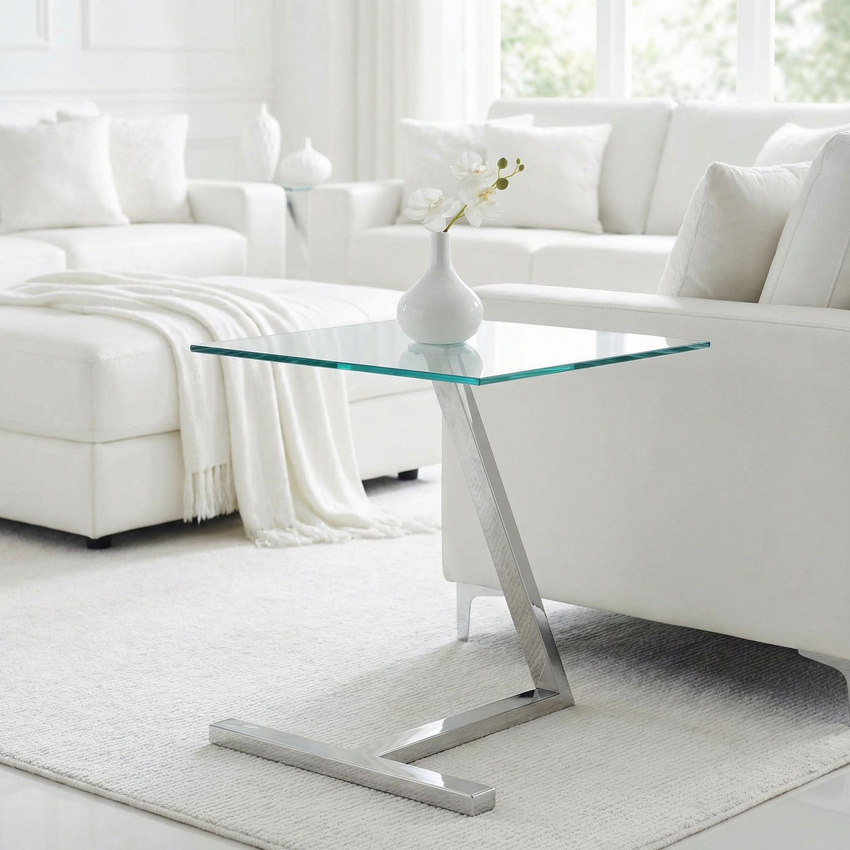 Cortesi Home Zee Modern Square Glass End Table, Chrome Stainless Steel Base