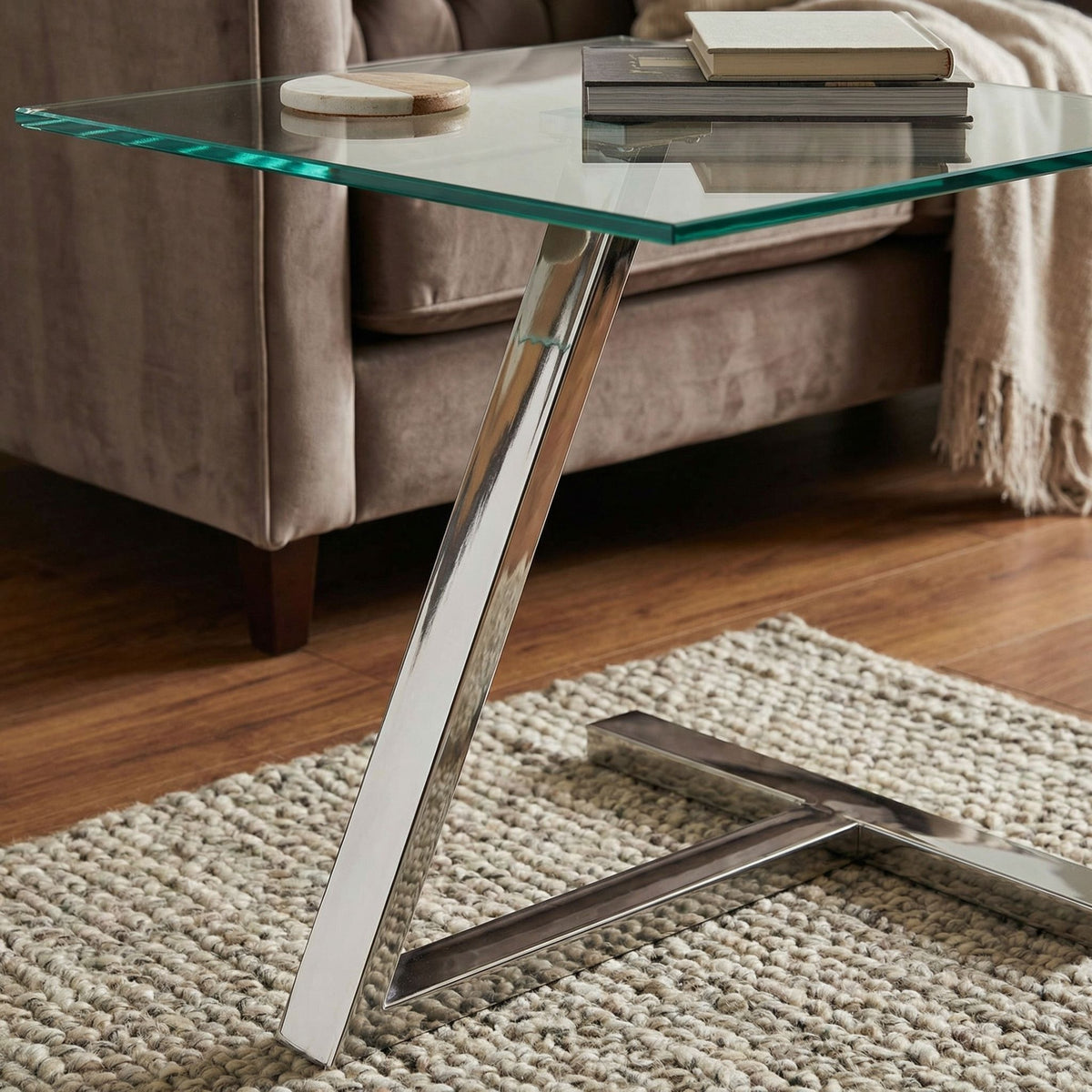 Cortesi Home Zee Modern Square Glass End Table, Chrome Stainless Steel Base