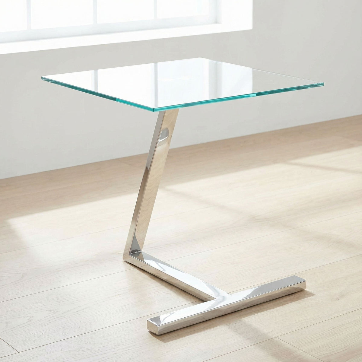 Cortesi Home Zee Modern Square Glass End Table, Chrome Stainless Steel Base