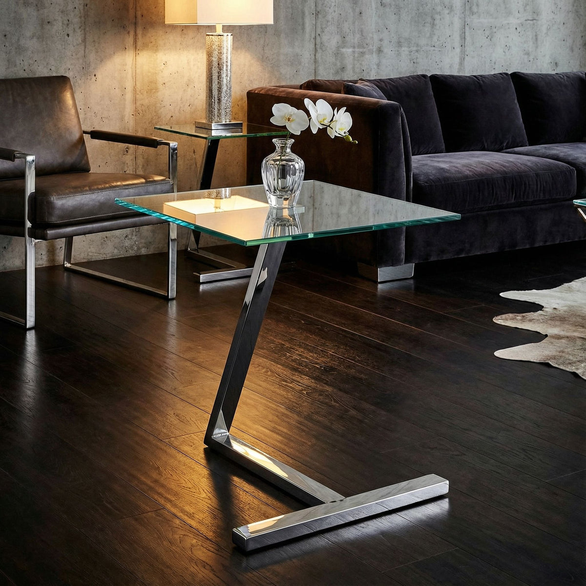 Cortesi Home Zee Modern Square Glass End Table, Chrome Stainless Steel Base