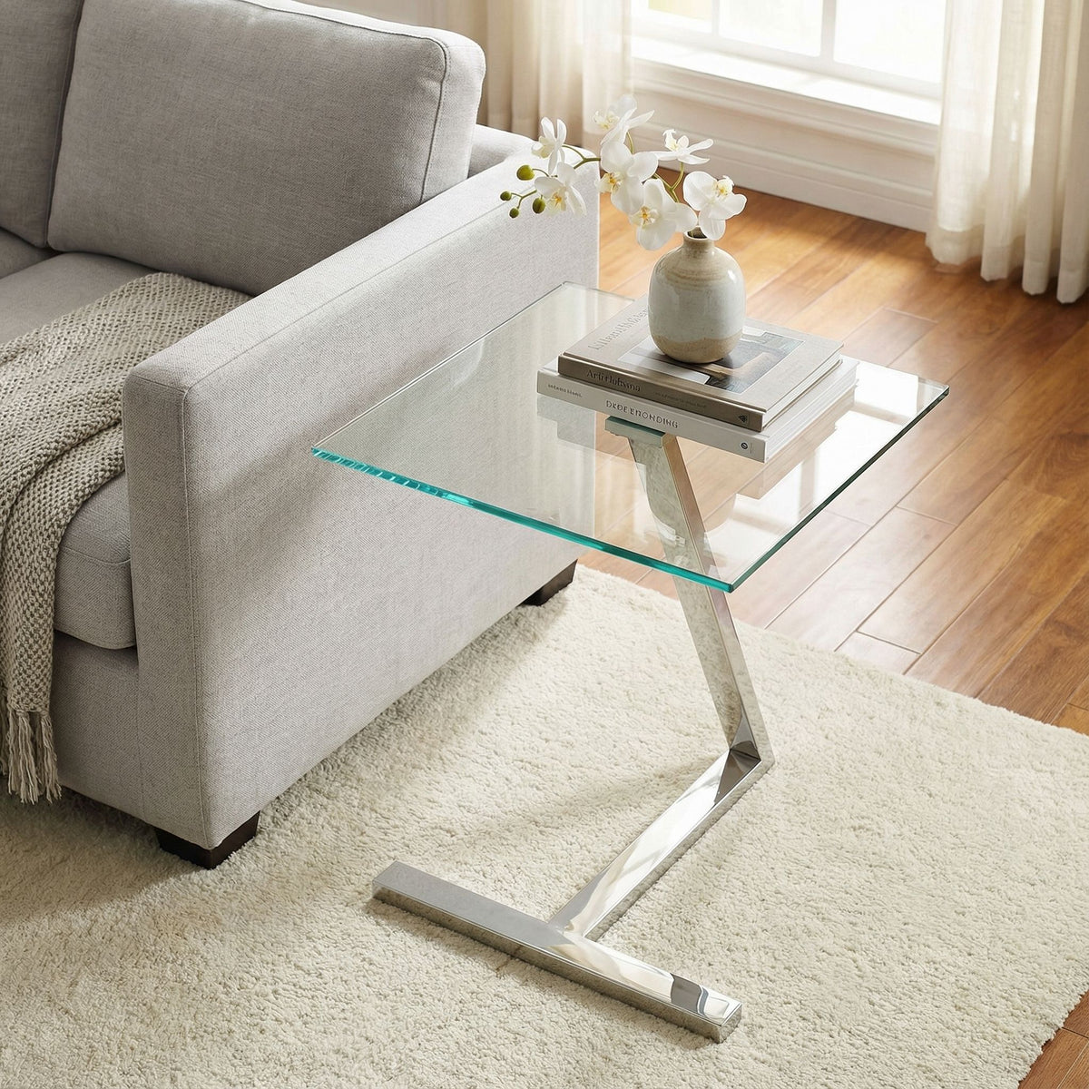 Cortesi Home Zee Modern Square Glass End Table, Chrome Stainless Steel Base