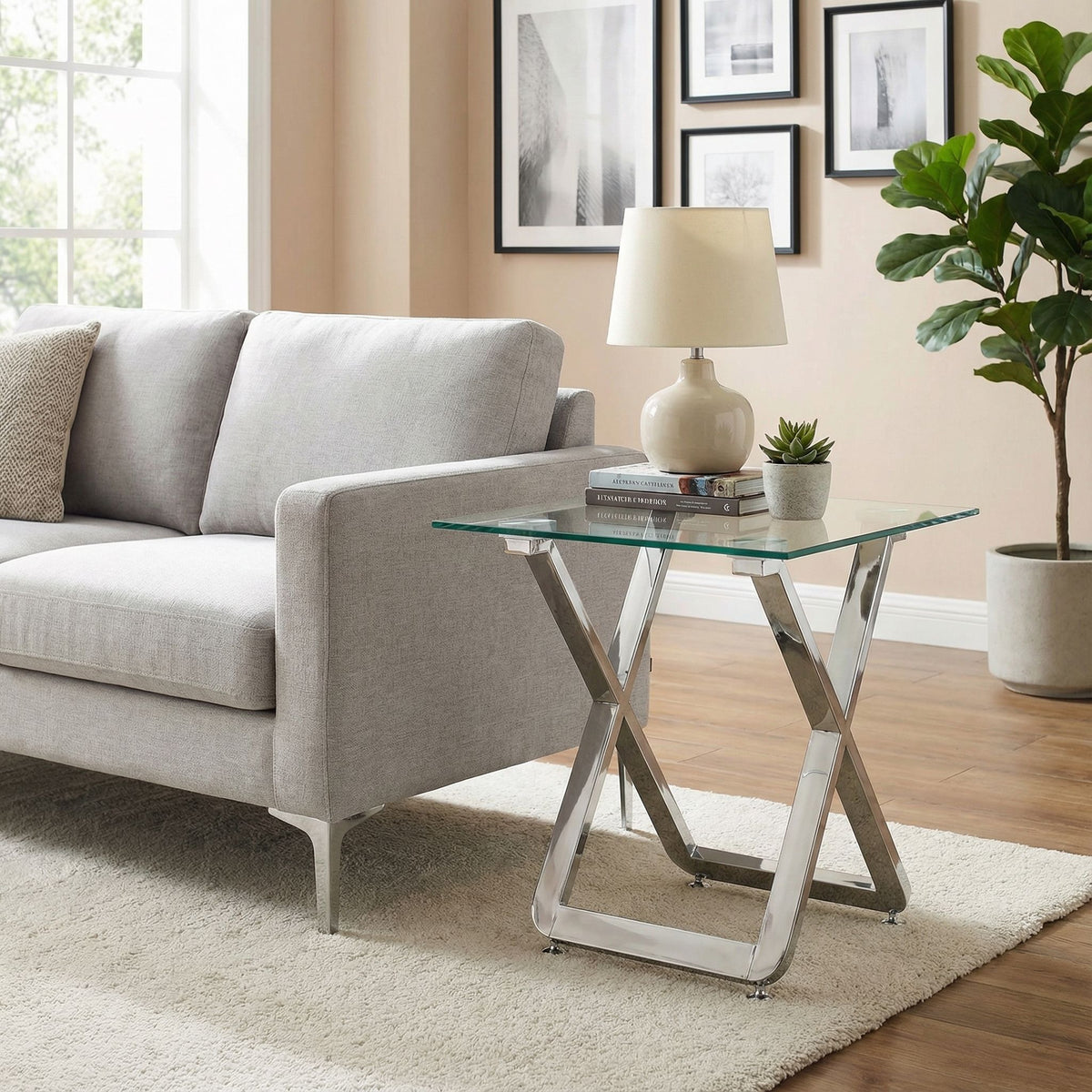Cortesi Home Axe Clear Glass and Metal Square End Table