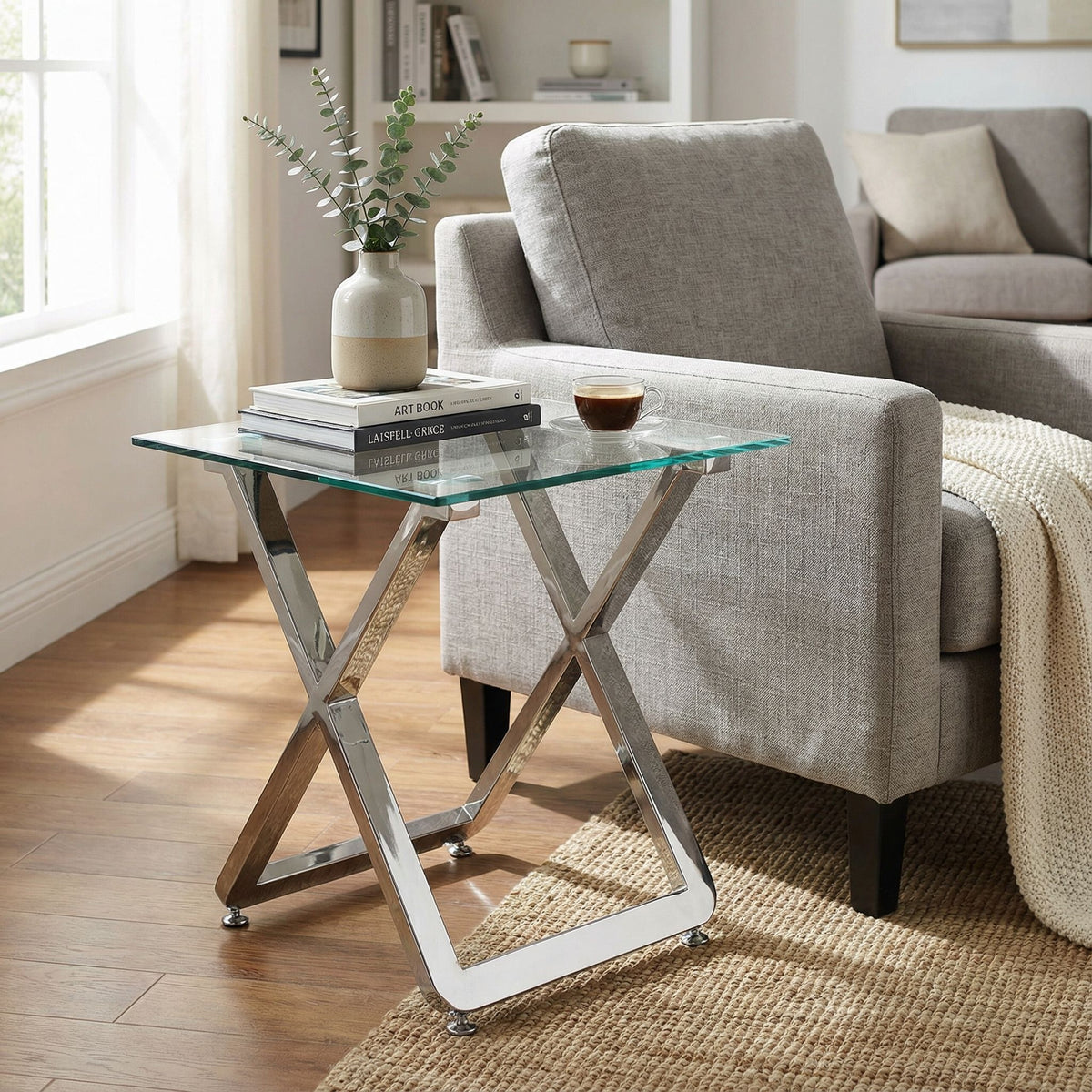 Cortesi Home Axe Clear Glass and Metal Square End Table