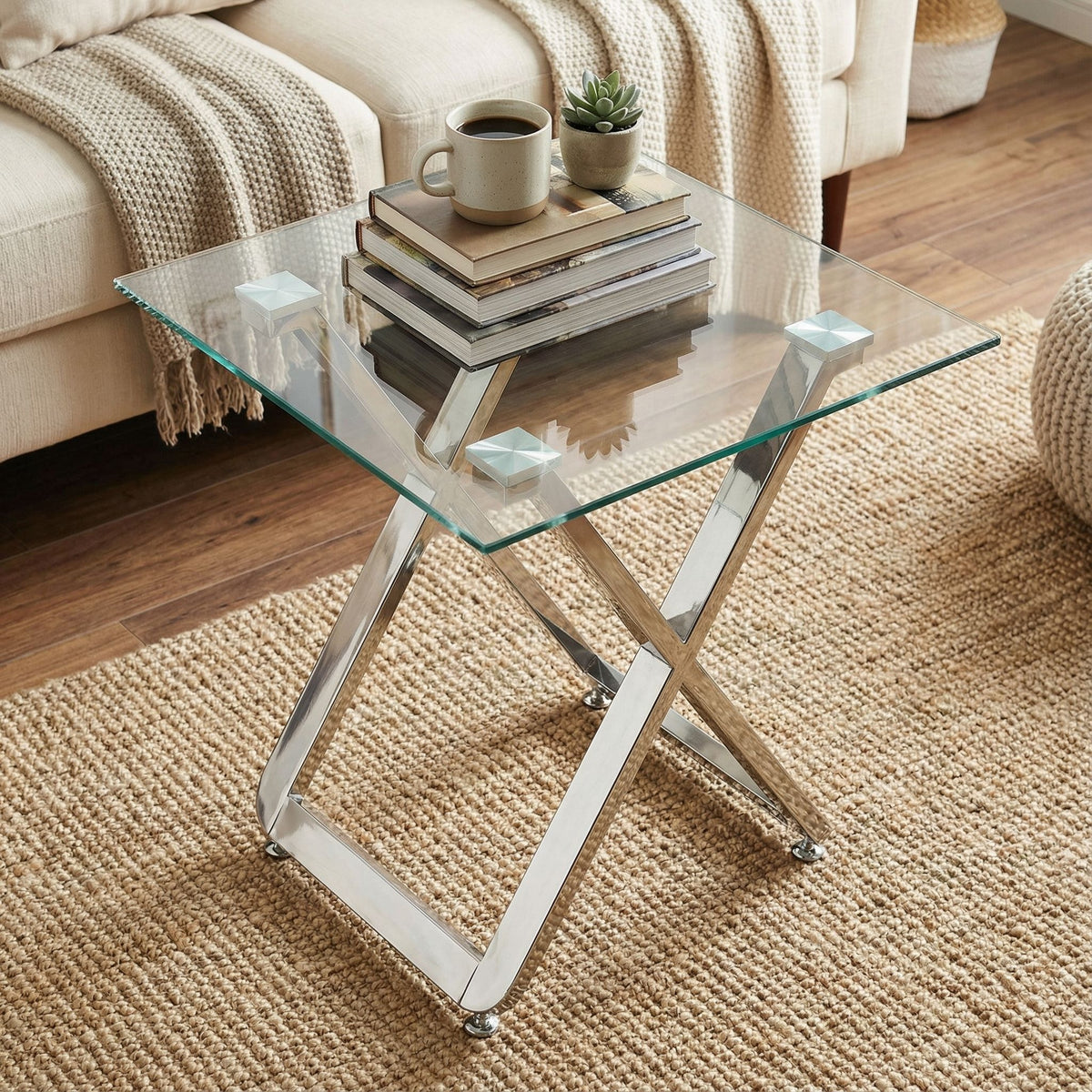 Cortesi Home Axe Clear Glass and Metal Square End Table
