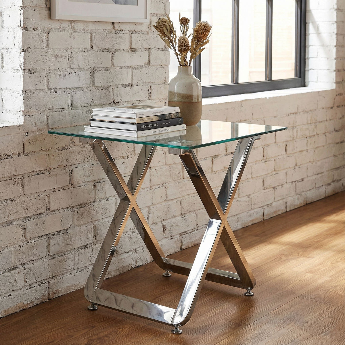 Cortesi Home Axe Clear Glass and Metal Square End Table