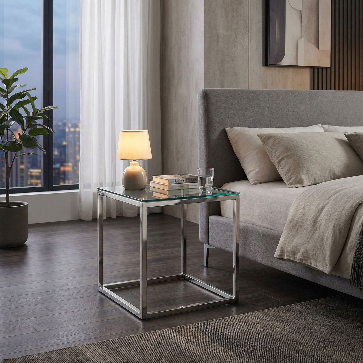 Cortesi Home Kent End Table, Stainless Steel with Glass Top, Square 22"