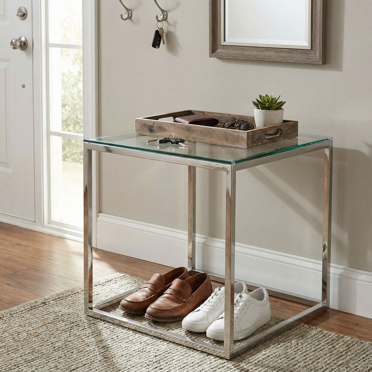 Cortesi Home Kent End Table, Stainless Steel with Glass Top, Square 22"