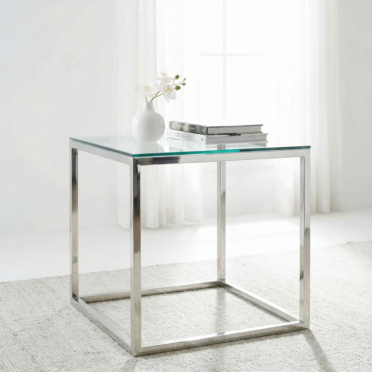 Cortesi Home Kent End Table, Stainless Steel with Glass Top, Square 22"
