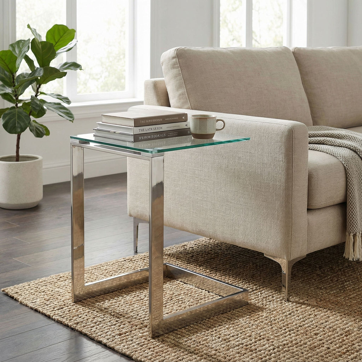Cortesi Home Zulu End Table, Stainless Steel with Glass Top, C Shape, 22" High