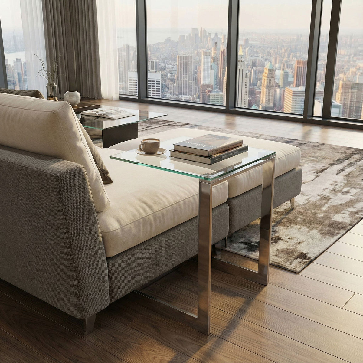 Cortesi Home Zulu End Table, Stainless Steel with Glass Top, C Shape, 22" High