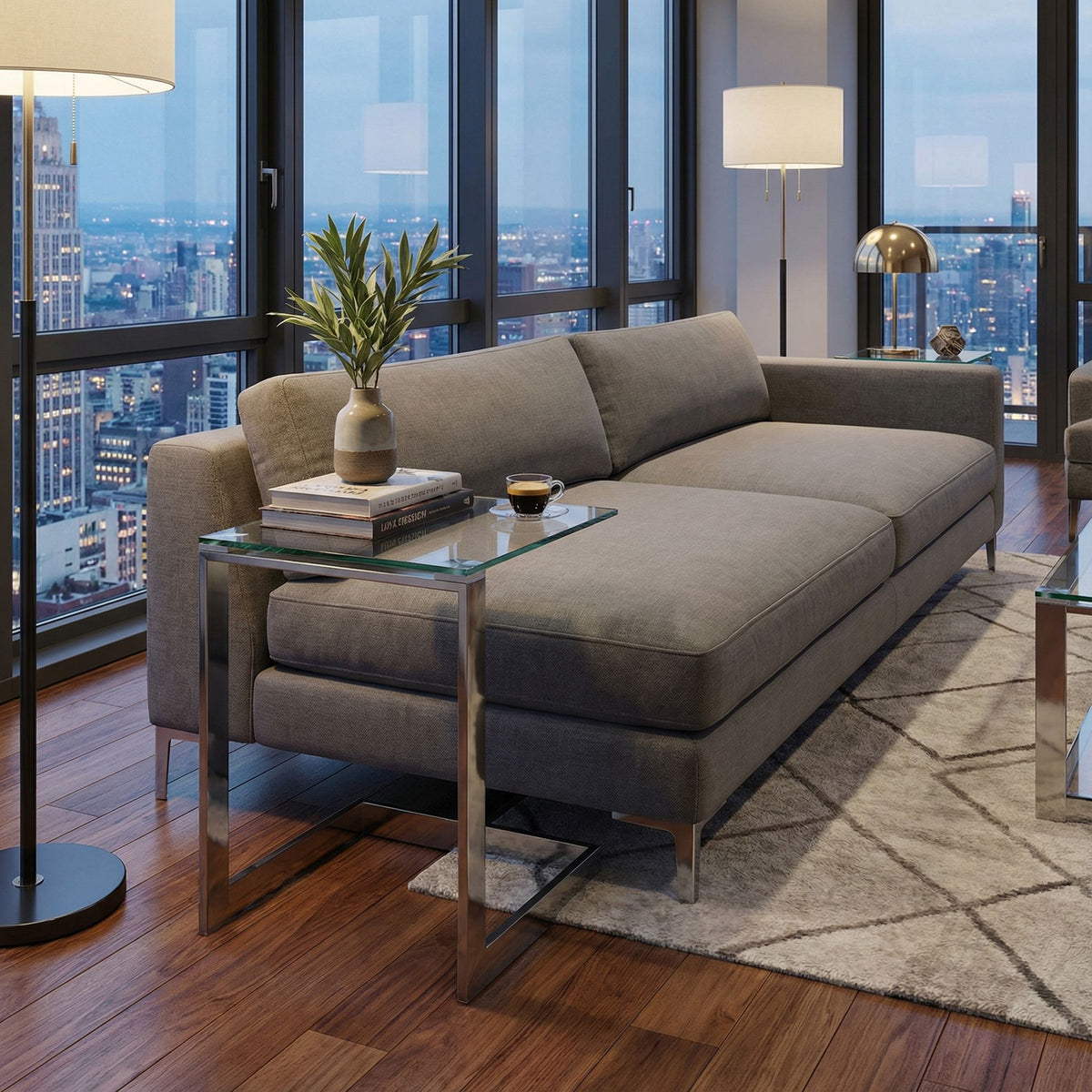 Cortesi Home Zulu End Table, Stainless Steel with Glass Top, C Shape, 22" High