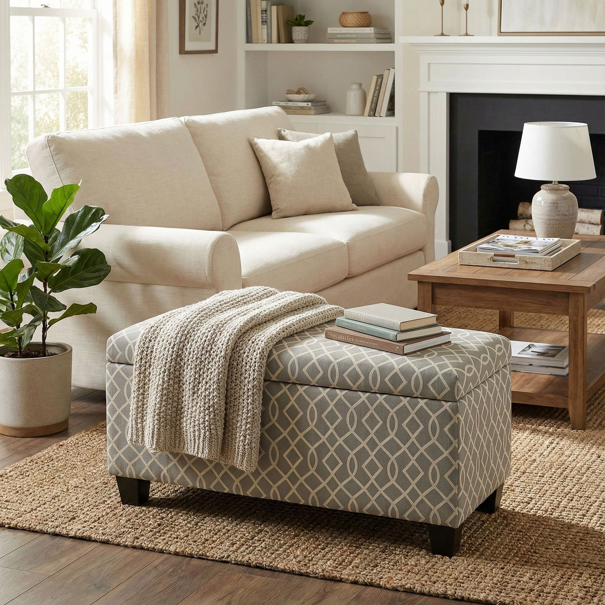 Cortesi Home Kiki Upholstered Storage Ottoman, Grey Pattern