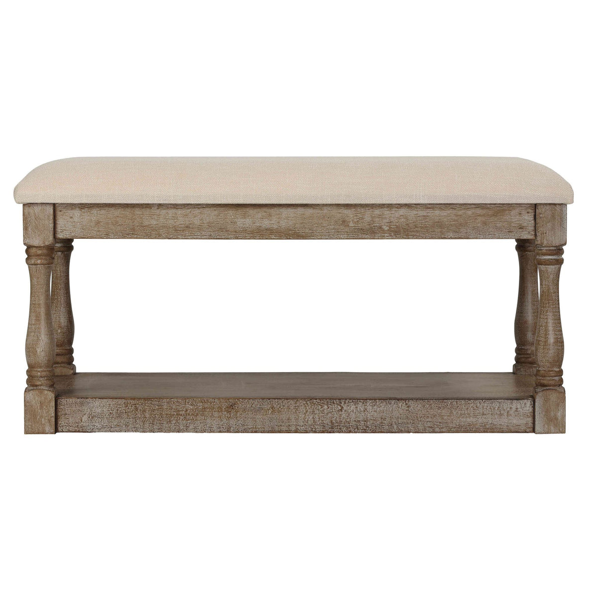 Cortesi Home Dahlia Wooden Bench Ottoman, Distressed Wood and Beige Fabric