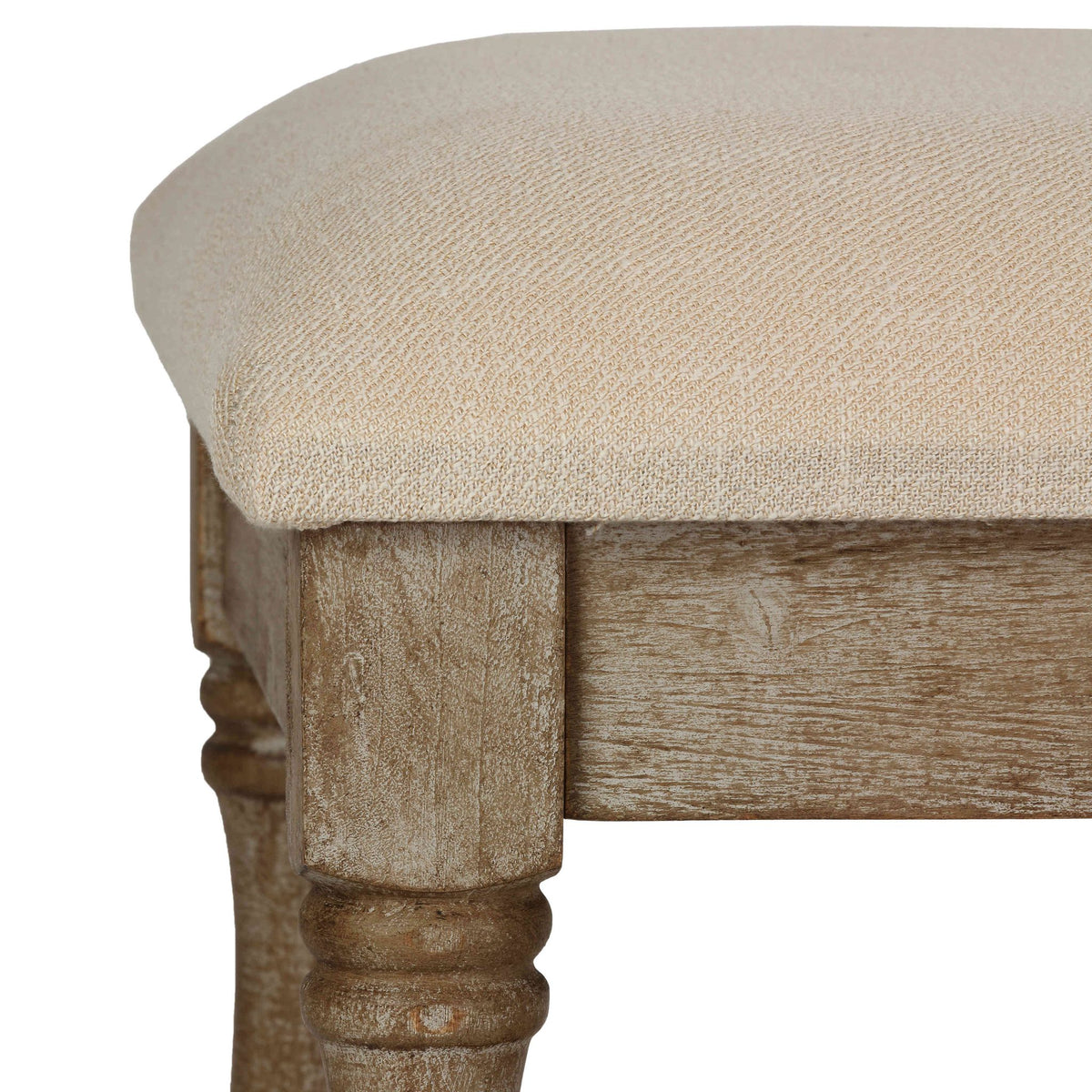 Cortesi Home Dahlia Wooden Bench Ottoman, Distressed Wood and Beige Fabric