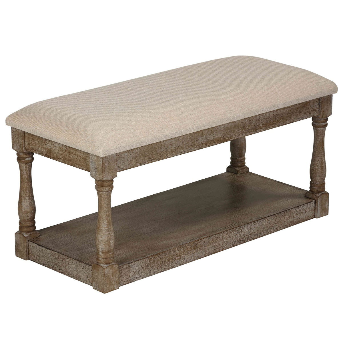 Cortesi Home Dahlia Wooden Bench Ottoman, Distressed Wood and Beige Fabric