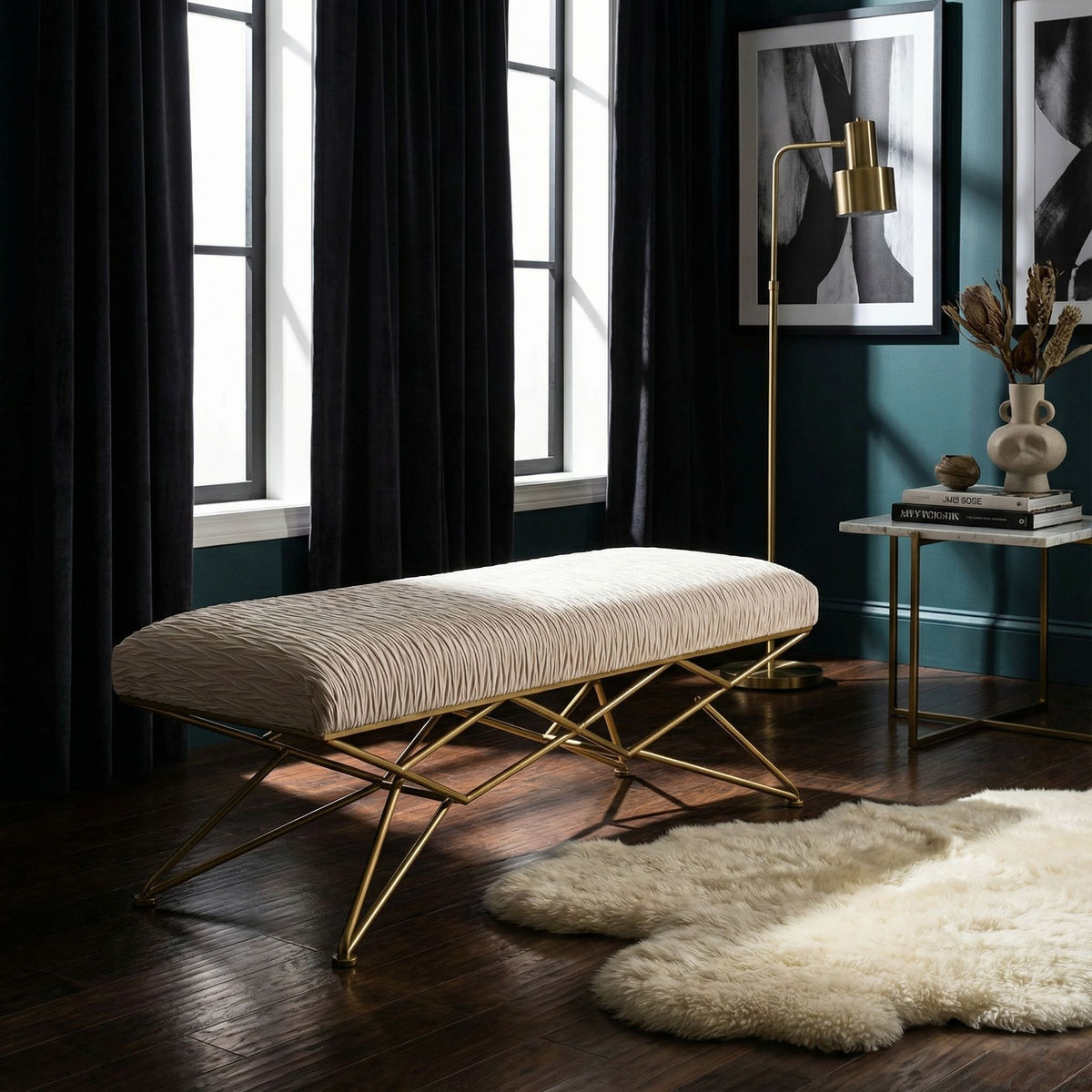 Cortesi Home Brading Bench Ottoman in Cream Velvet, Gold Legs, 45"