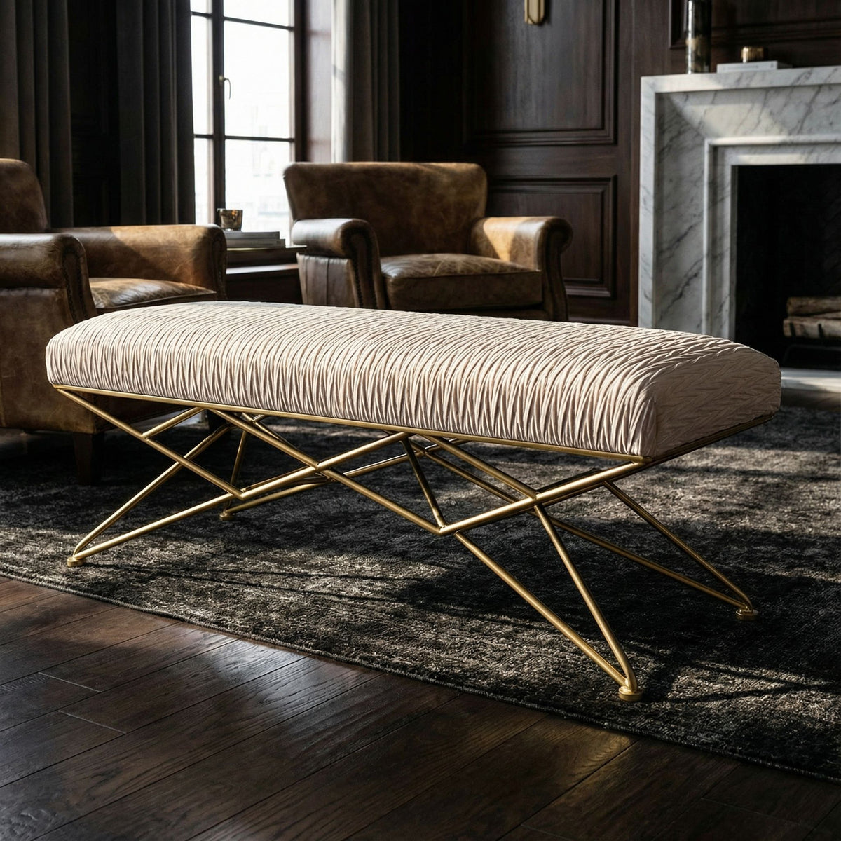 Cortesi Home Brading Bench Ottoman in Cream Velvet, Gold Legs, 45"