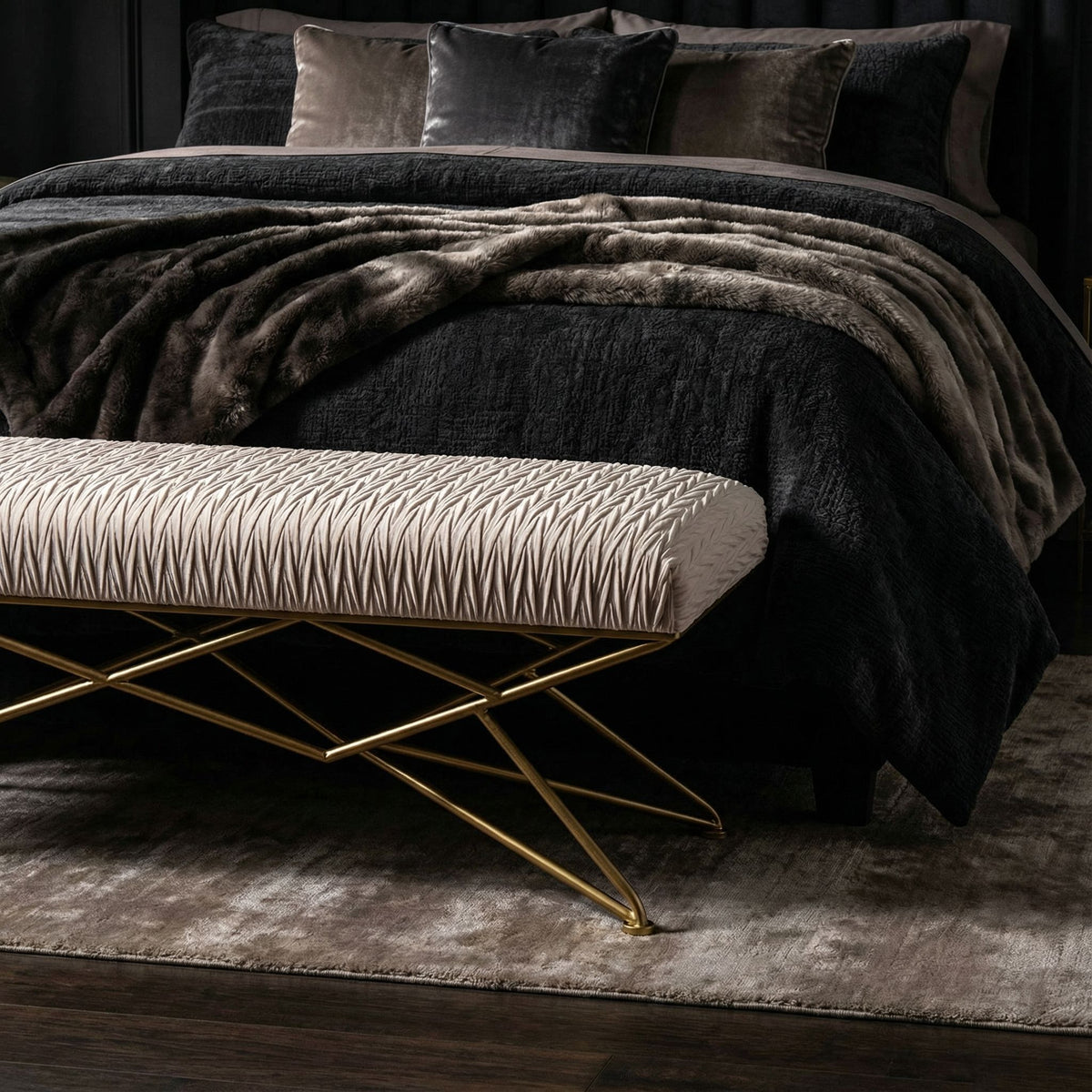 Cortesi Home Brading Bench Ottoman in Cream Velvet, Gold Legs, 45"