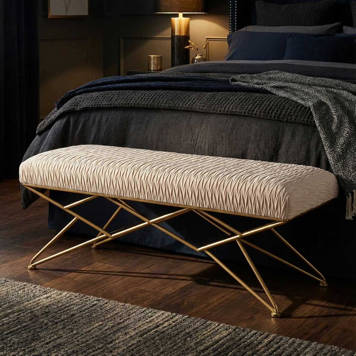 Cortesi Home Brading Bench Ottoman in Cream Velvet, Gold Legs, 45"