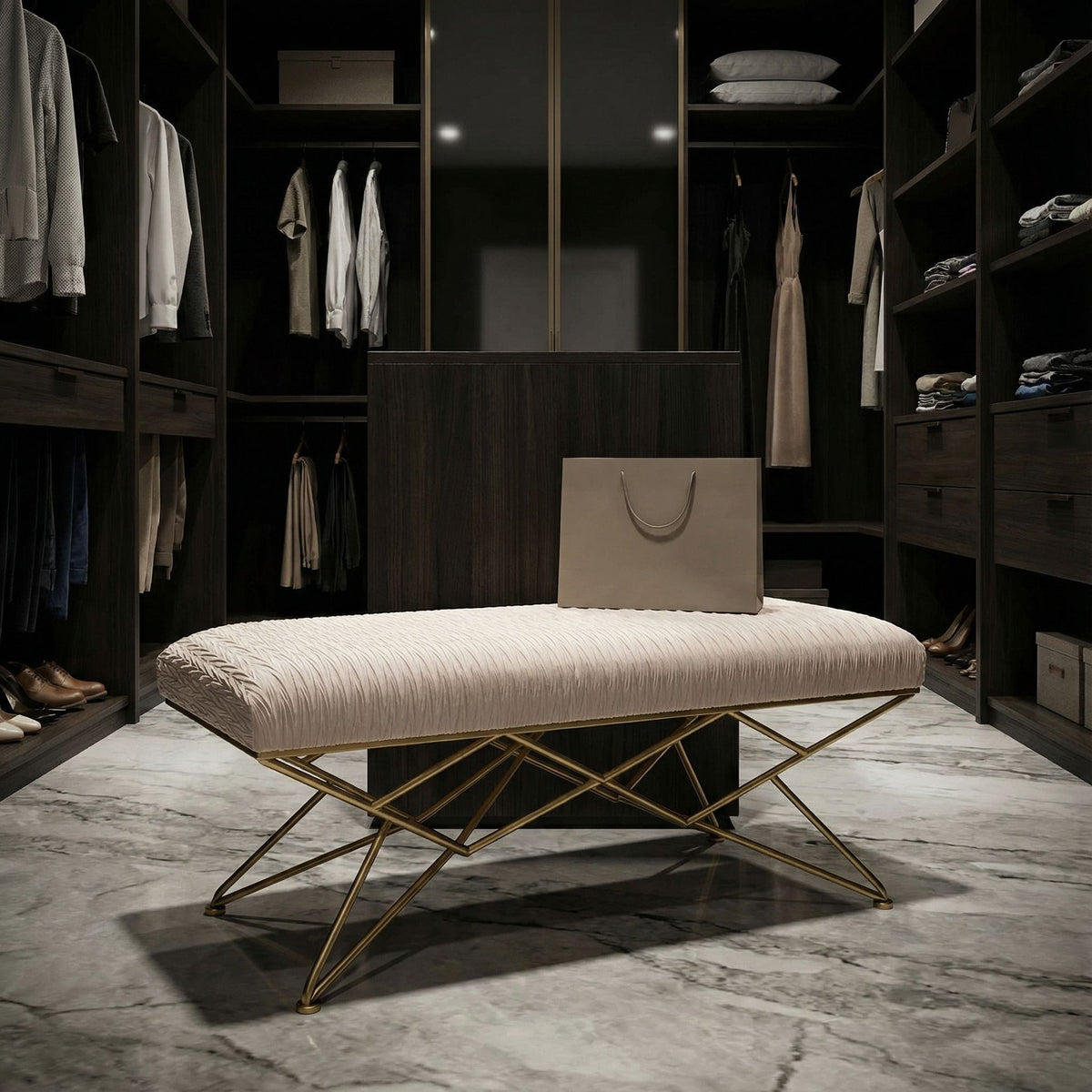 Cortesi Home Brading Bench Ottoman in Cream Velvet, Gold Legs, 45"