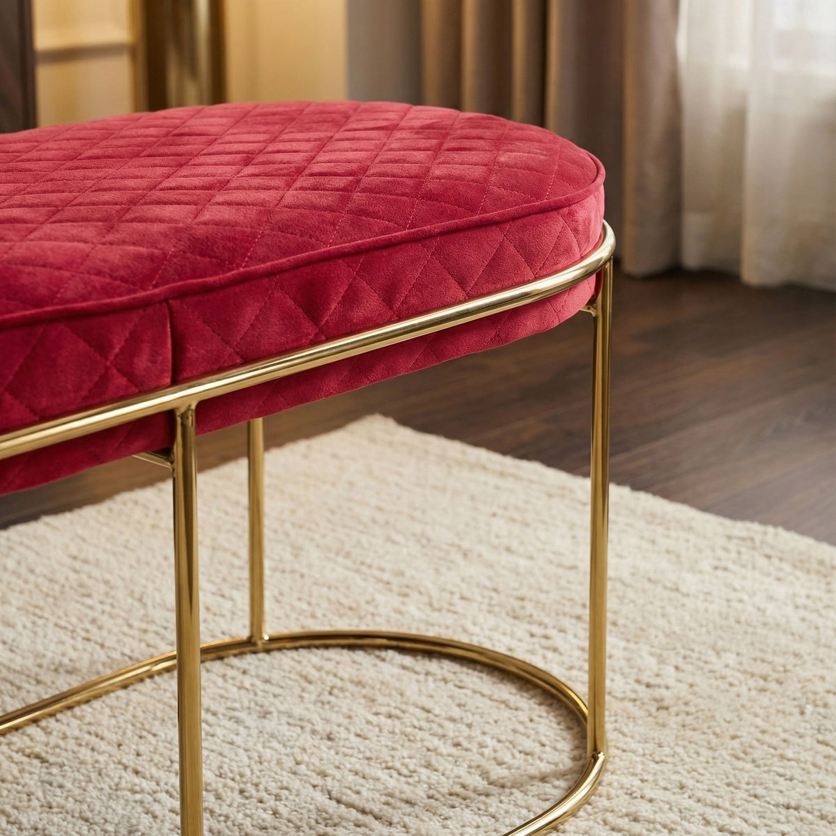 Cortesi Home Ludlow Bench Ottoman in Pink Velvet and Gold