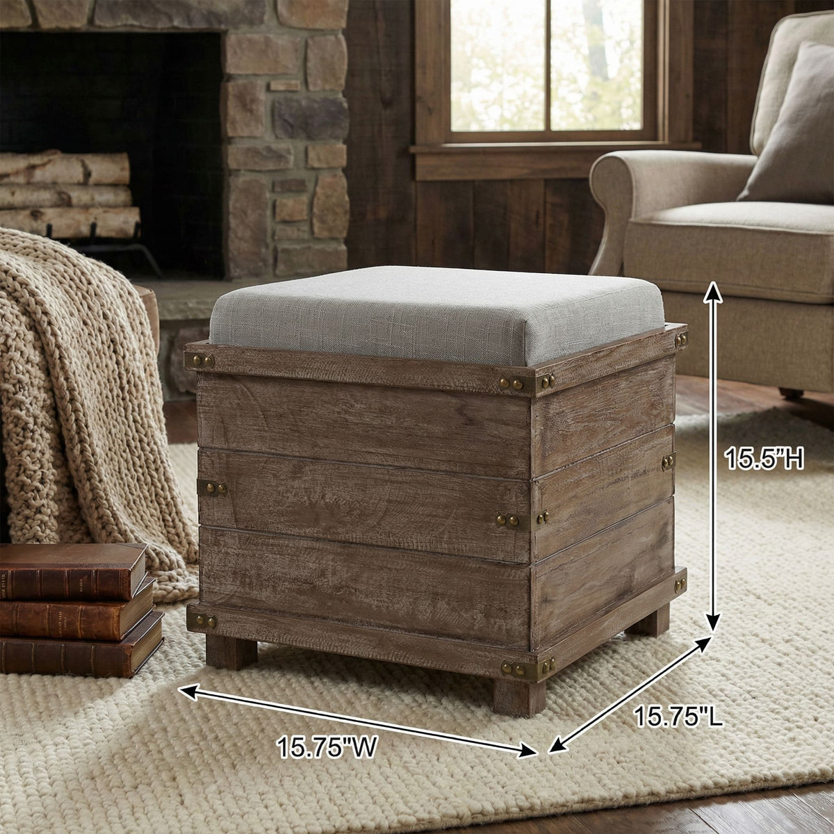 Cortesi Home Scusset Storage Chest Tray Ottoman in Fabric and Wood, Grey