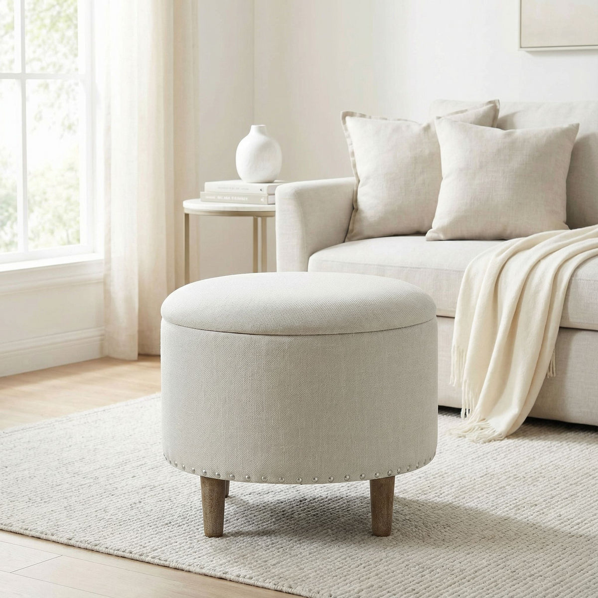 Cortesi Home Hosta 19" Round Storage Ottoman in Light Beige Linen
