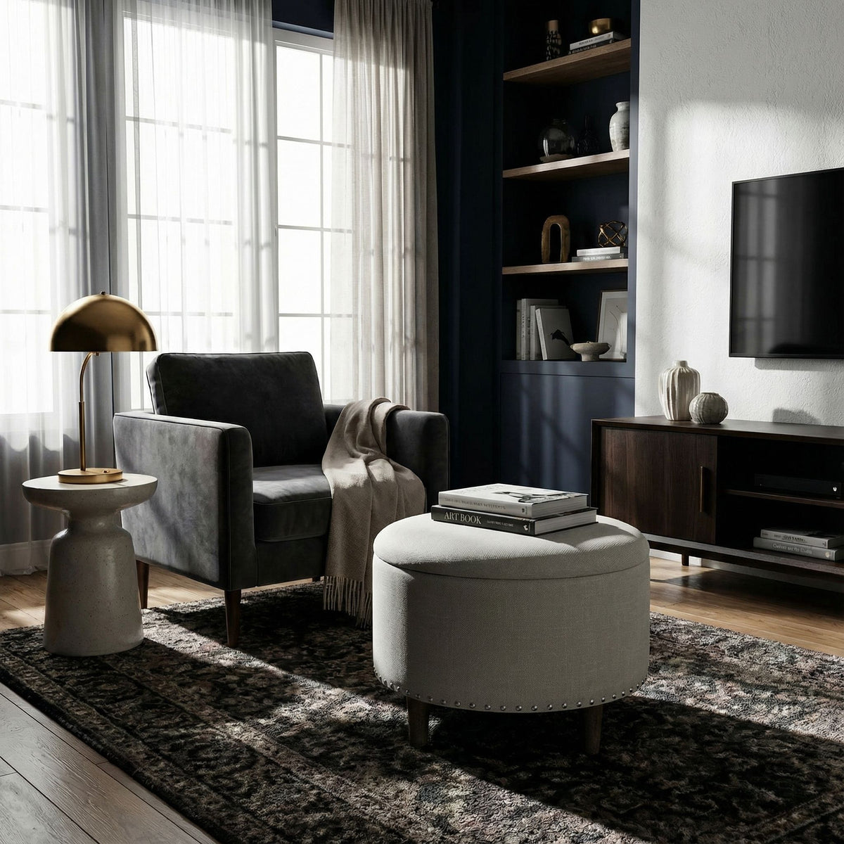 Cortesi Home Hosta 19" Round Storage Ottoman in Light Beige Linen