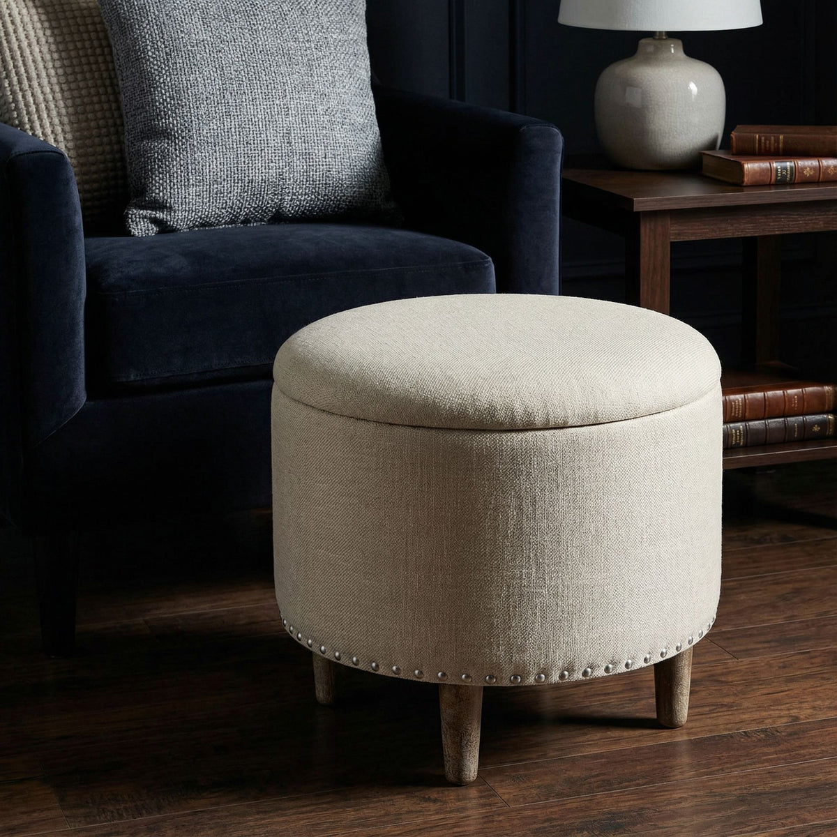 Cortesi Home Hosta 19" Round Storage Ottoman in Light Beige Linen